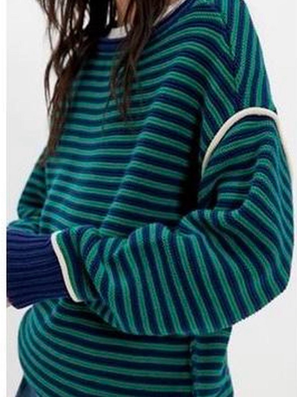 Free People Striped Crewneck Sweater in Teal & Navy with White Trim